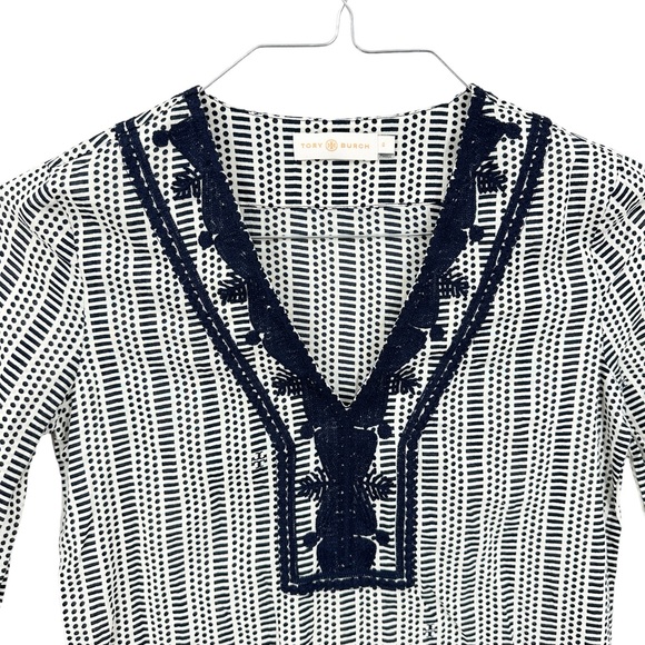 TORY BURCH Tunic Top Geometric Side Slits Long Sleeve Blue Cream - Picture 3 of 7